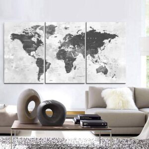 Original by BoxColors Large 30"x 60" 3 Panels 30x20 Ea Art Canvas Print world Map watercolor push pin gray Wall decor Home interior (Included framed 1.5" depth)