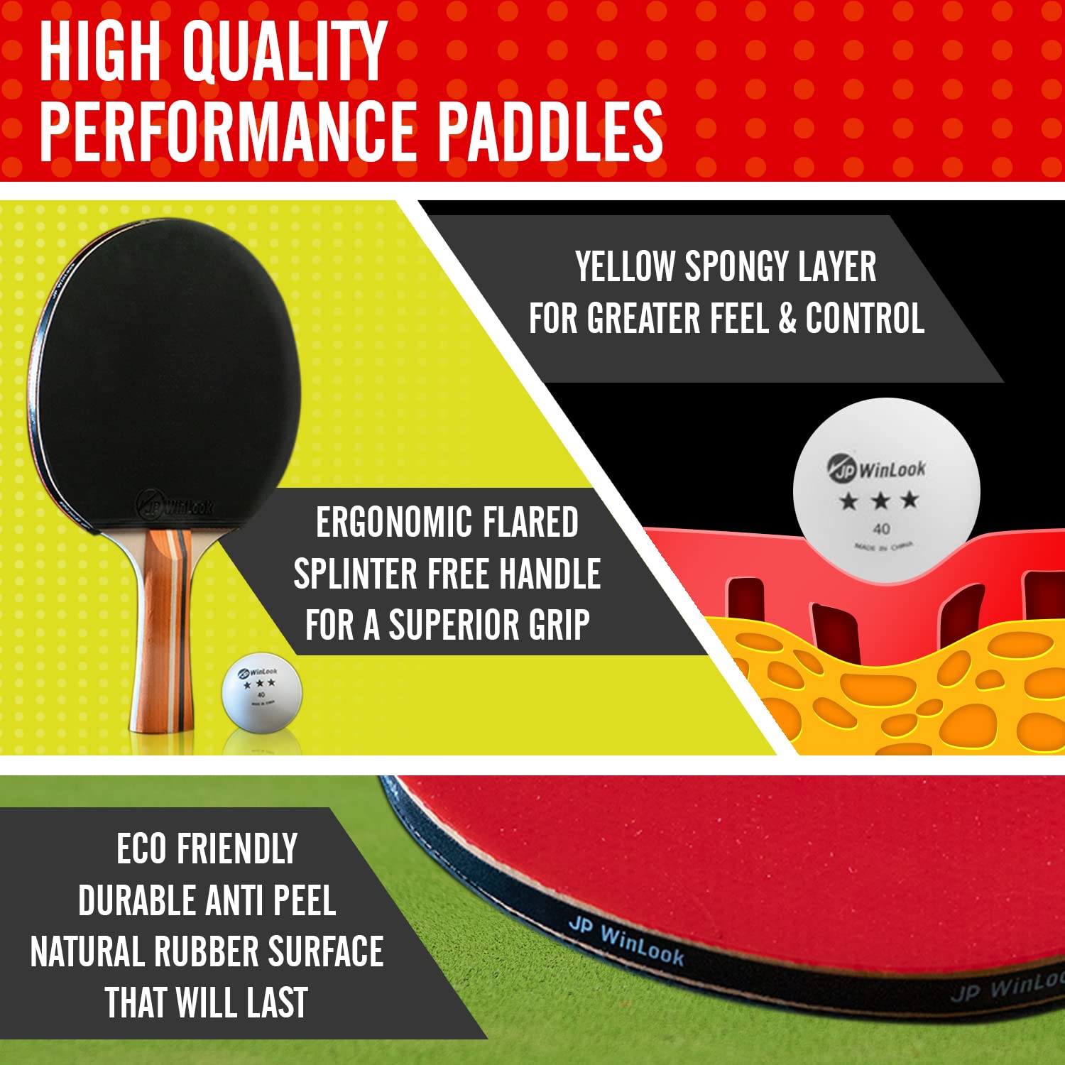 JP WinLook Ping Pong Paddles Sets of 4 - Portable Table Tennis Paddle Set with Ping Pong Paddles Professional Case & Ping Pong Balls. Premium Table Tennis Racket Player Set for Indoor & Outdoor Games