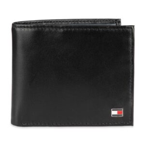 tommy hilfiger men's leather wallet – slim bifold with 6 credit card pockets and removable id window, oxford black, one size