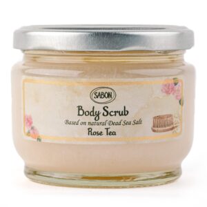 sabon body scrub — rose tea | exfoliating dead sea salt body scrub | bergamot, white rose, jasmine | for all skin types | 11.3 oz