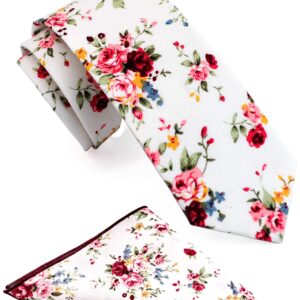 ZENXUS Mens Cotton Skinny Rose Floral White Tie Combo Set with Flower Pocket Square