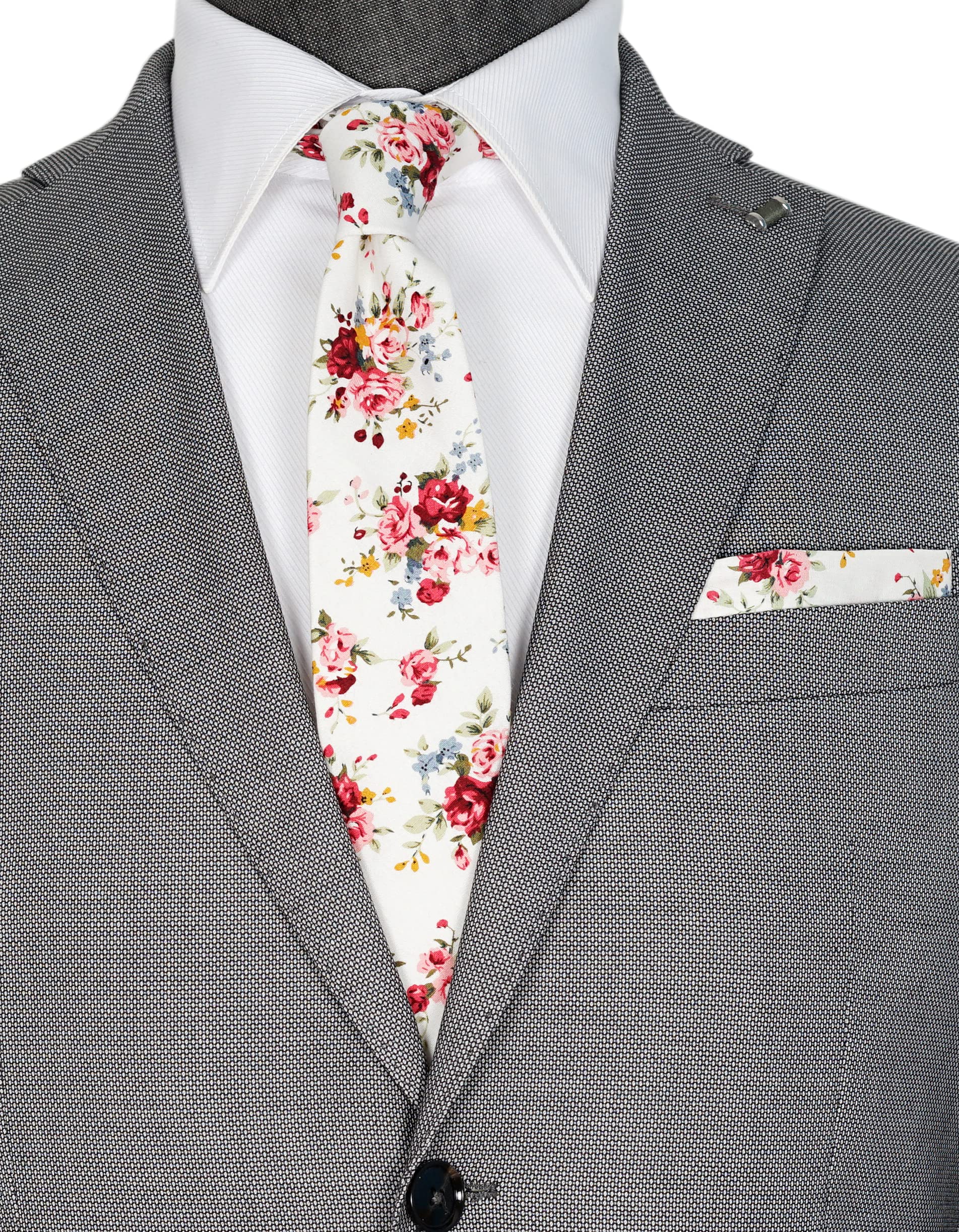 ZENXUS Mens Cotton Skinny Rose Floral White Tie Combo Set with Flower Pocket Square