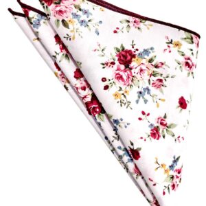 ZENXUS Mens Cotton Skinny Rose Floral White Tie Combo Set with Flower Pocket Square