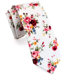 ZENXUS Mens Cotton Skinny Rose Floral White Tie Combo Set with Flower Pocket Square