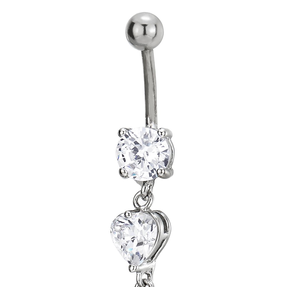 COOLSTEELANDBEYOND Steel Belly Chain Belly Button Ring Body Jewelry Piercing Navel Ring with Long Dangle Cubic Zirconia