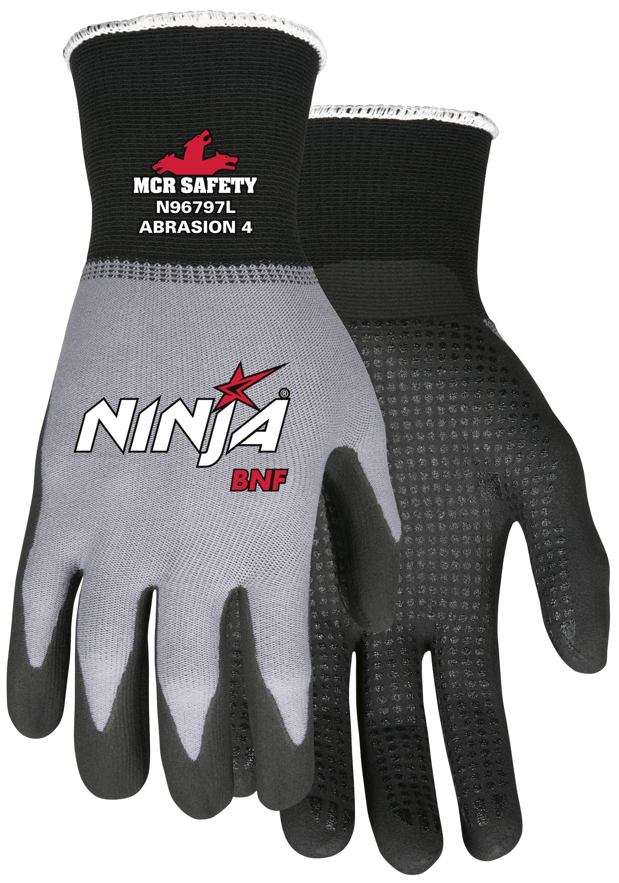 MCR Safety Ninja BNF N96797S Work Gloves, 15 Gauge NylonSpandex Shell, Breathable Nitrile Foam(BNF) Coated Palm & Fingertips with Grip Dots, Small, Black