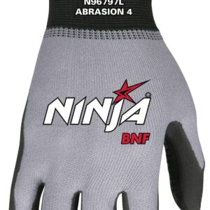 MCR Safety Ninja BNF N96797S Work Gloves, 15 Gauge NylonSpandex Shell, Breathable Nitrile Foam(BNF) Coated Palm & Fingertips with Grip Dots, Small, Black