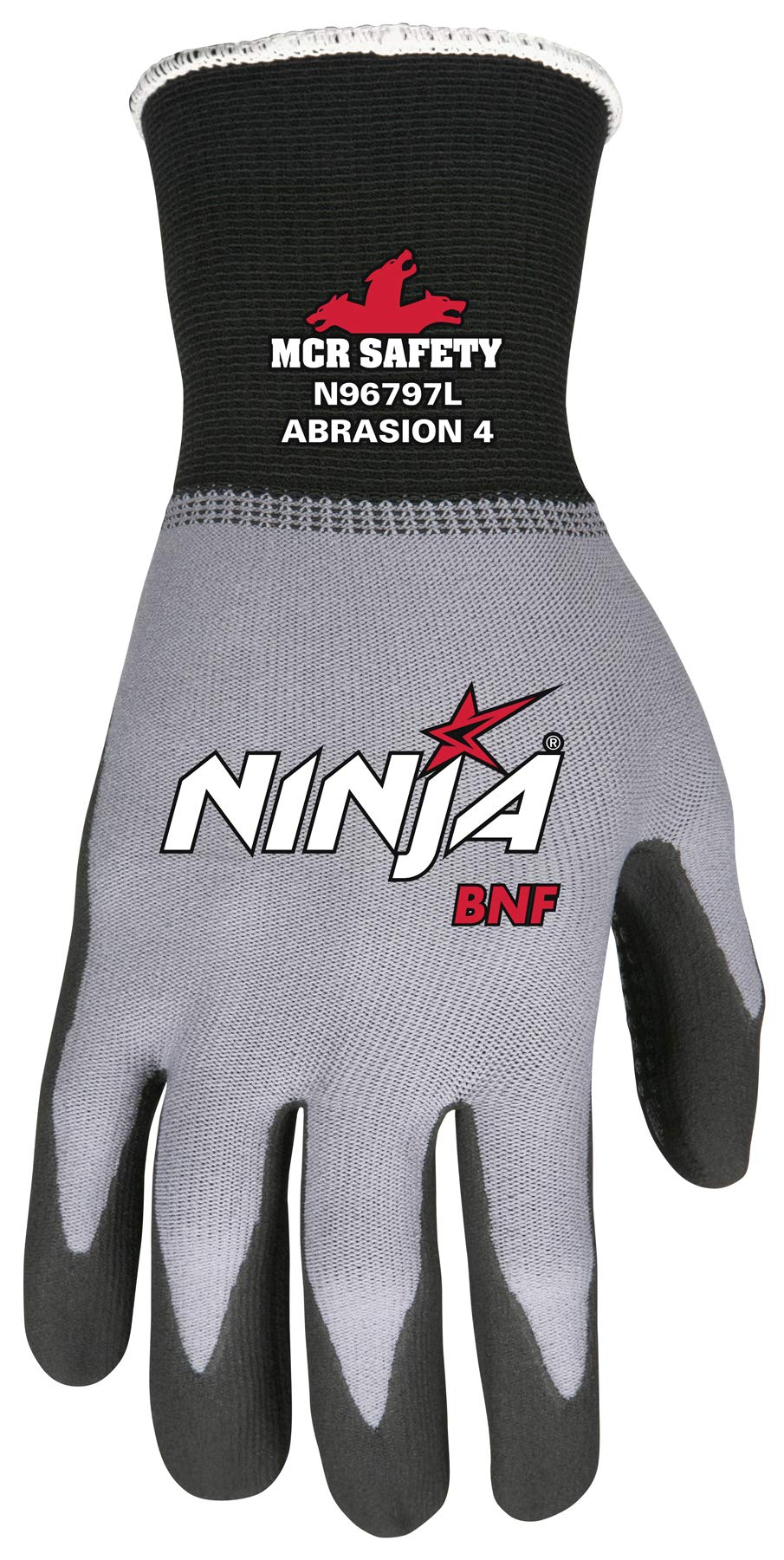 MCR Safety Ninja BNF N96797S Work Gloves, 15 Gauge NylonSpandex Shell, Breathable Nitrile Foam(BNF) Coated Palm & Fingertips with Grip Dots, Small, Black