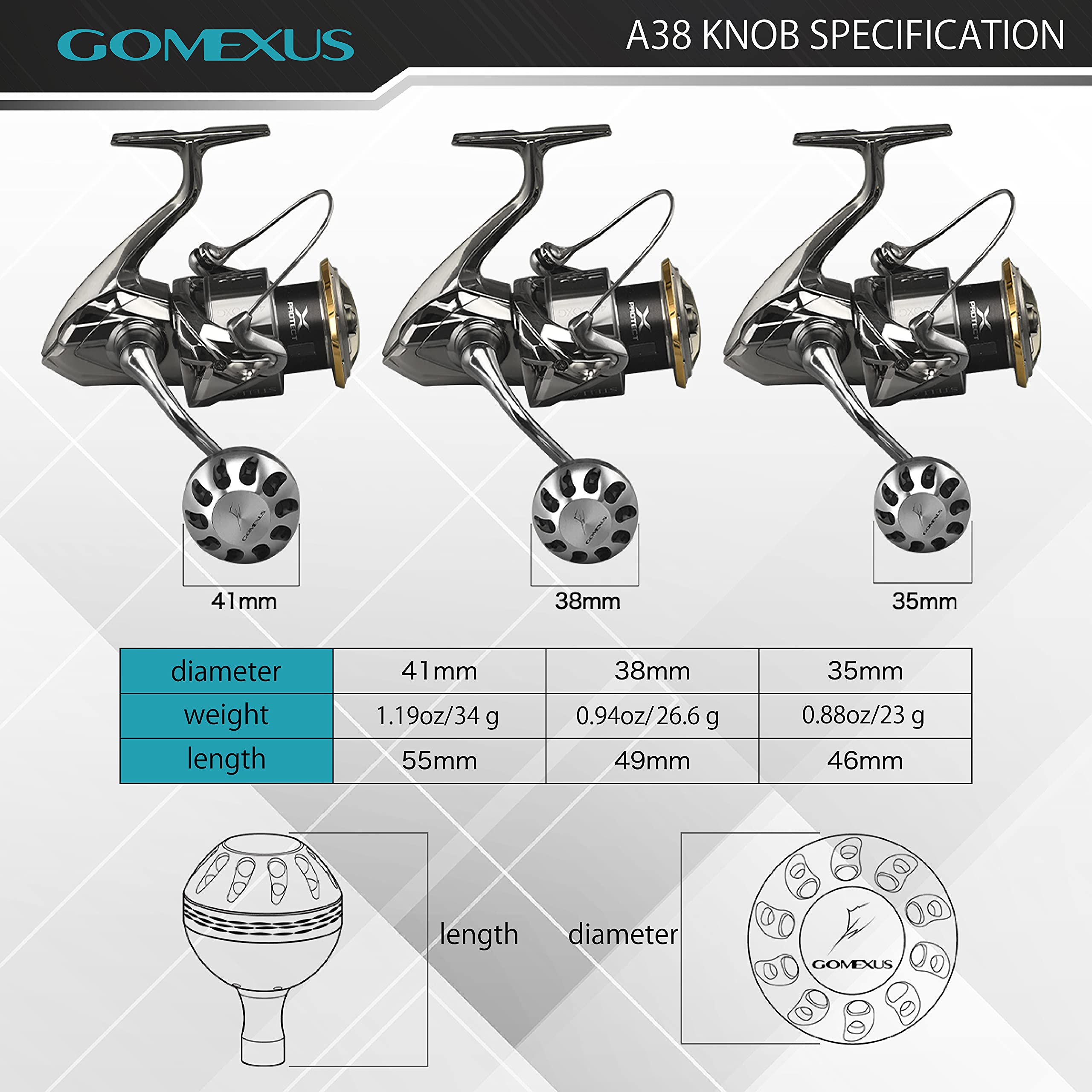 GOMEXUS Power Knob Compatible with Shimano 19 Stradic FL 15 Stradic FK 1000-4000 Stella FJ Daiwa Exist LT Certate LT Luvias LT Direct Fitment Reel Handle Replacement 38mm Metal Round