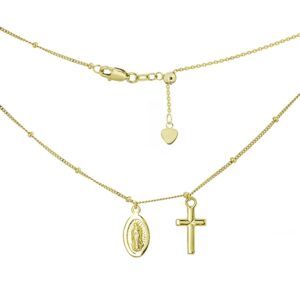 Ritastephens 14k Yellow Gold Mini Dangle Cross with Miraculous Mary Medal Adjustable Choker Necklace