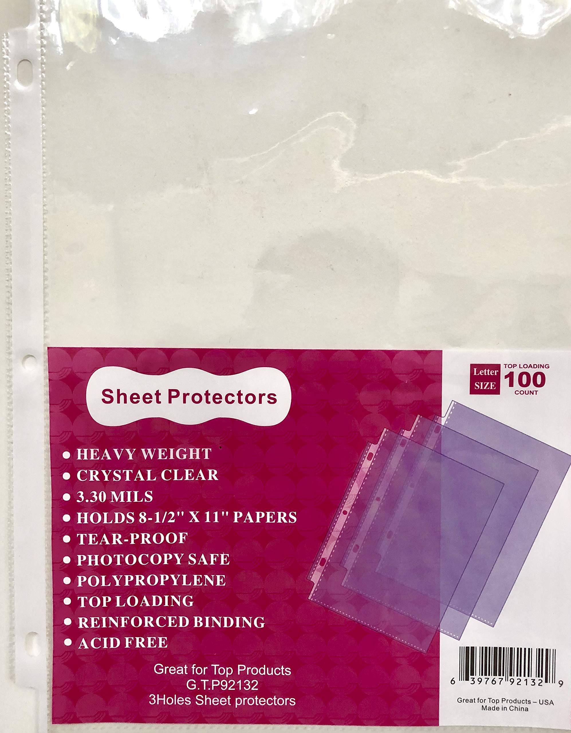 12 Plastic Bags of 100 (1200) GTP Clear Top Loading, Heavy Weight, Heavy Duty, Sheet Protectors Holds 8.5"X11" Paper,Bulk, Acid Free, Reinforced Binding Edge.Heavyweight