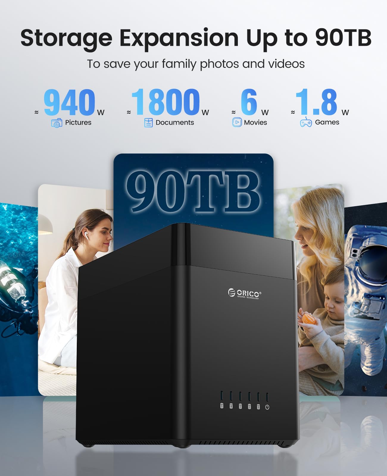 ORICO 5 Bay 3.5inch Hard Drive Enclosure USB 3.0 to SATA Magnetic Tool-Free External HDD Docking Station Case with 12V/6.5A Power Adapter for Family Storage Expansion Up to 90TB (5x18) - DS500U3