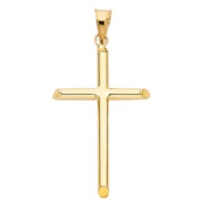 ioka - 14k yellow gold classic plain cross pendant religious medium size charm for necklace or chain