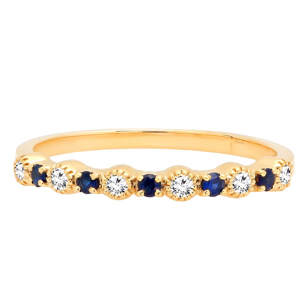 Dazzlingrock Collection 14K Round Blue Sapphire And White Diamond Ladies Bridal Wedding Band, Yellow Gold, Size 6