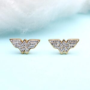 Officially Licensed Hypoallergenic DC Comics Women's Wonder Woman Gold Plated Logo with Clear Gem Stud Earrings, One Size