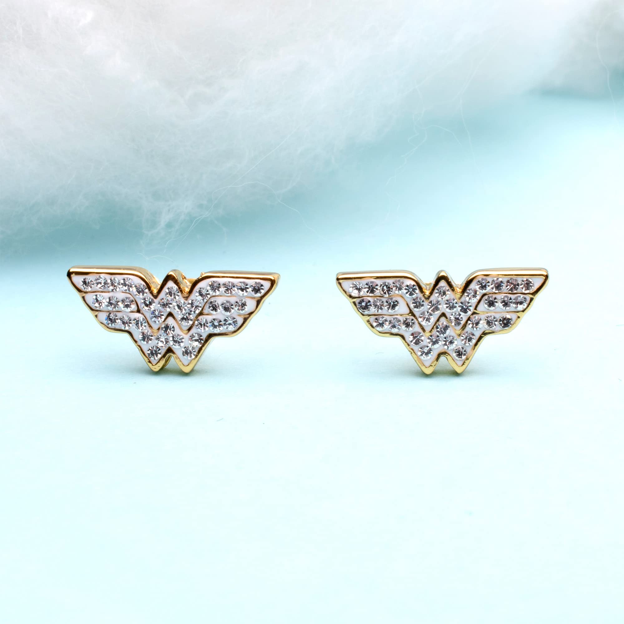 Officially Licensed Hypoallergenic DC Comics Women's Wonder Woman Gold Plated Logo with Clear Gem Stud Earrings, One Size