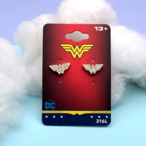 Officially Licensed Hypoallergenic DC Comics Women's Wonder Woman Gold Plated Logo with Clear Gem Stud Earrings, One Size