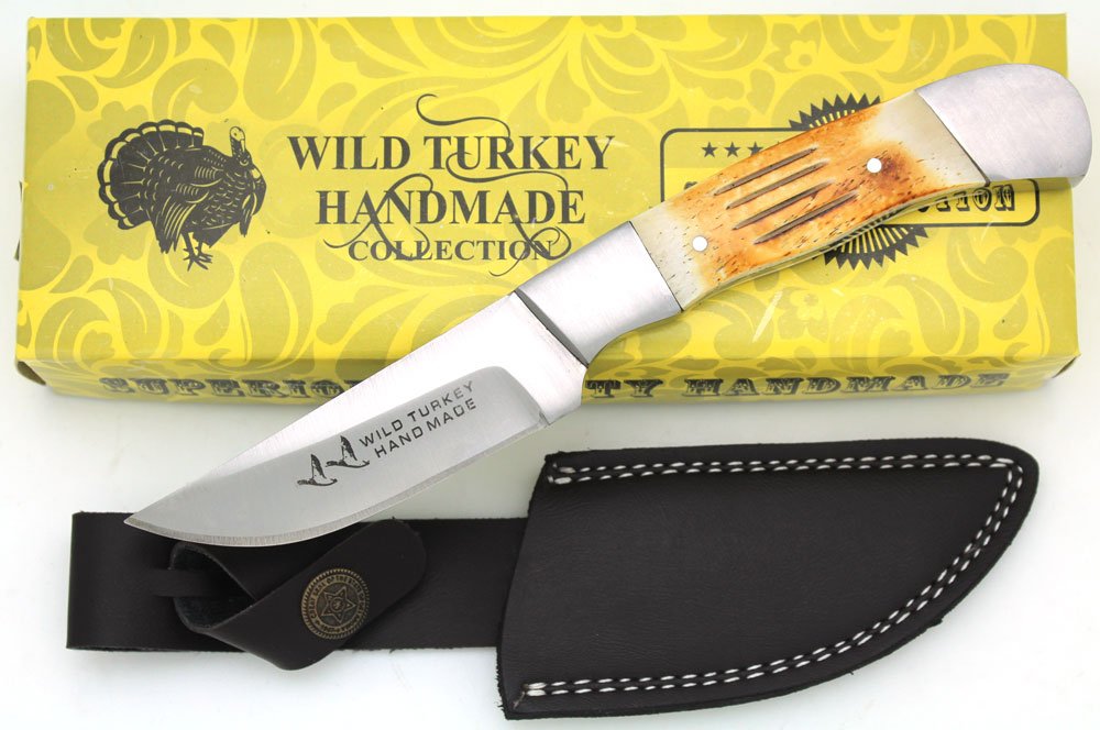 Wild Turkey Handmade Collection Full Tang Camel Bone Handle Fixed Blade Hunting Knife w/Leather Sheath Outdoors Fishing Camping Hunting … (Burnt Bone)