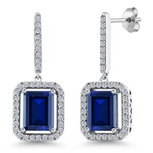 Gem Stone King 925 Sterling Silver Gemstone Birthstone Earrings | Emerald Cut 9X7MM | Drop Dangle Earrings for Women