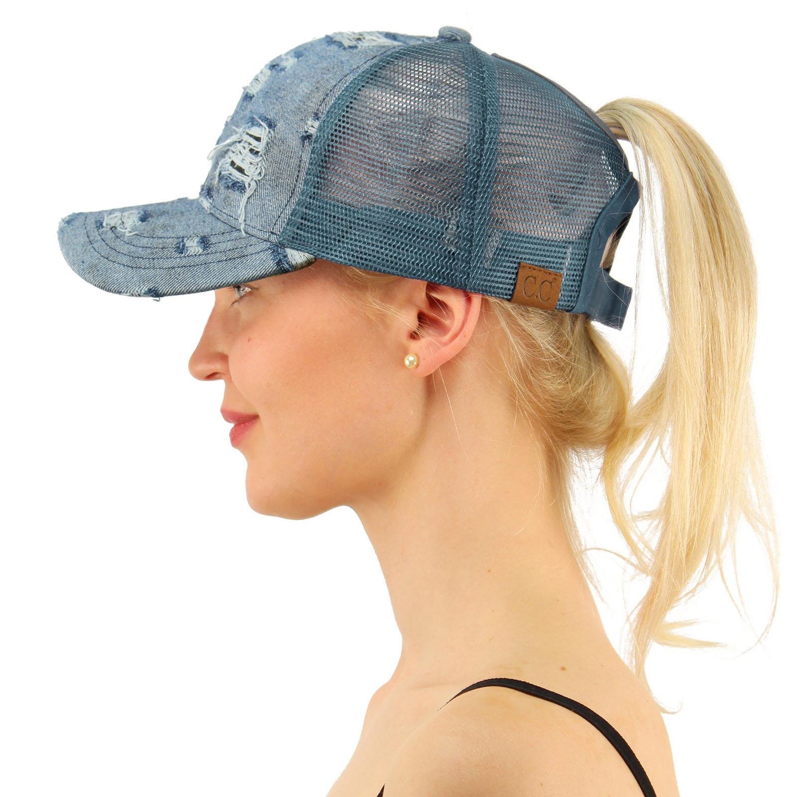 C.C Ponytail Messy Buns Trucker Ponycaps Plain Baseball Visor Cap Dad Hat Denim Blue