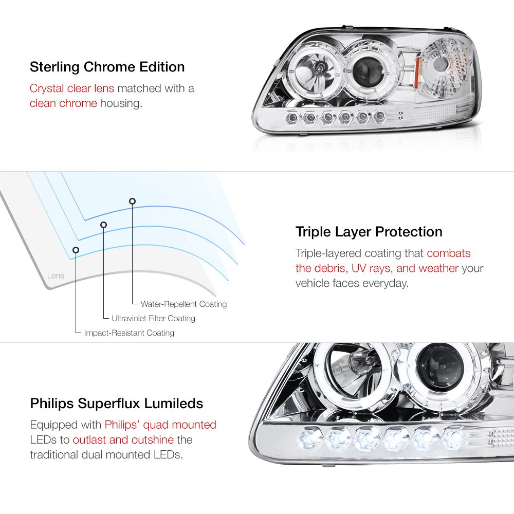 [For 1997-2003 Ford F150 Pickup Truck] LED Halo Ring Chrome Housing Projector Headlight Headlamp Assembly, Driver & Passenger Side