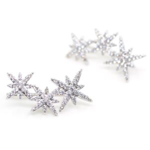 3 Star Constellation Ear Climber Crawler Earrings White Gold Plating