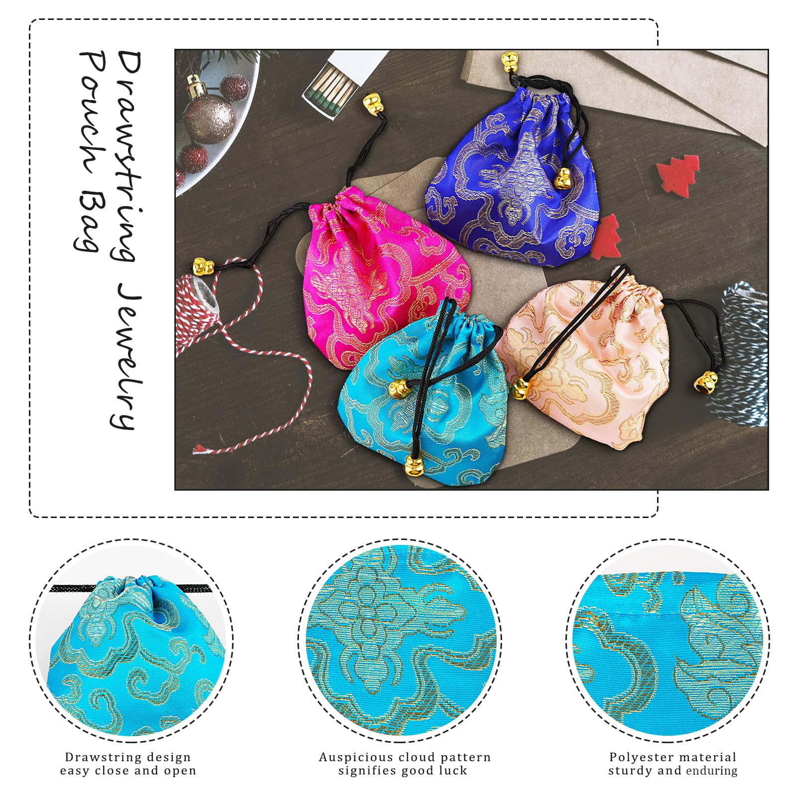 Lzttyee 30Pcs Silk Brocade Embroidered Drawstring Jewelry Pouch Bag Gift Bags Baskets Drawstring Coin Purse (Random Color)