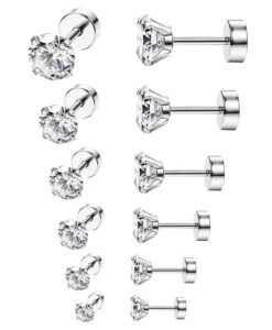 orazio 6-8 pairs 18g stainless steel ear stud piercing barbell studs earrings round cubic zirconia inlaid cartilage earring