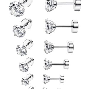 ORAZIO 6-8 Pairs 18G Stainless Steel Ear Stud Piercing Barbell Studs Earrings Round Cubic Zirconia Inlaid Cartilage Earring