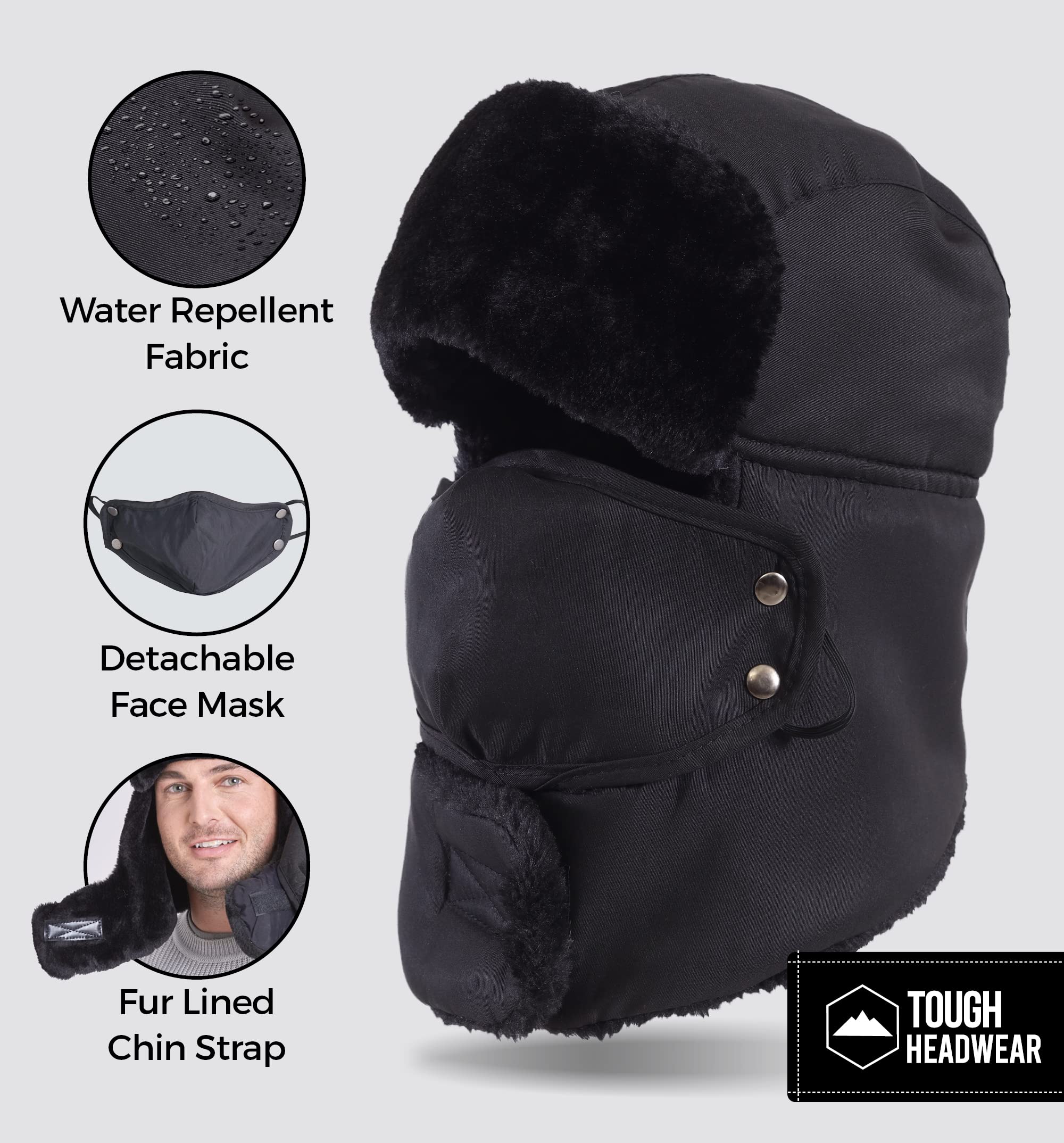 Tough Headwear Winter Trapper Hat with Mask - Russian Ushanka Trooper Aviator Hats for Men & Women -Snow Eskimo Hat with Ear Flaps for Cold - Full Black