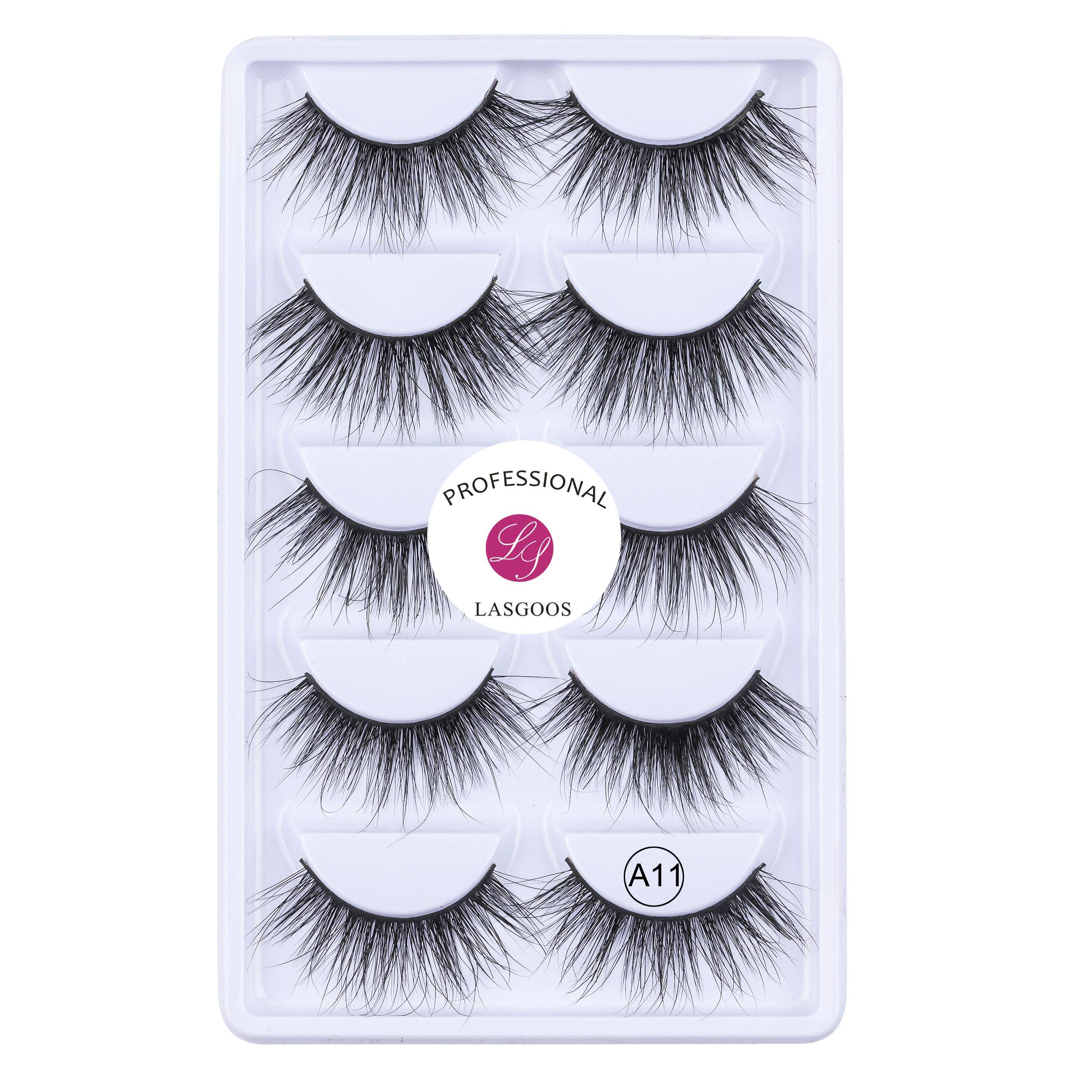 3D Mink False Eyelash LASGOOS Degisn Luxurious Natural Messy Volume Fluffy Long Hot Fake Eyelashes 5 Pairs/Box A11-5