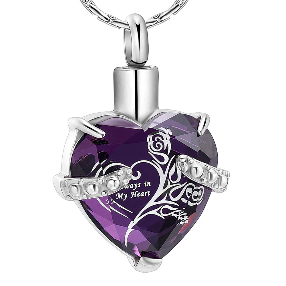 constantlife Crystal Heart Shape Cremation Jewelry Memorial Urn Necklace for Ashes, Stainless Steel Ash Holder Pendant Keepsake with Gift Box Charms Accessories for Women (Purple + White)