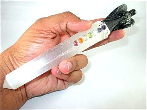 Jet Selenite Chakra Wand with Black Tourmaline Angel Stick Approx. 5-5.5 inch Energized Charged Cleansed Programmed Pure Genuine Stick Free Booklet Jet International Image is JUST A Reference