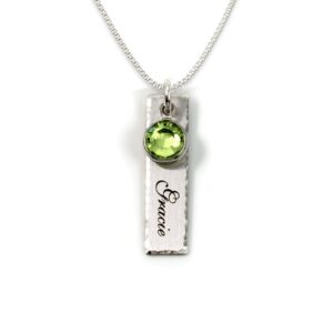 AJ's Collection Single Edge-Hammered Personalized Charm Necklace. Customize Sterling Silver Rectangular Pendant with Name and Birthstone. Includes a Sterling Silver Chain. Makes Gifts for Her