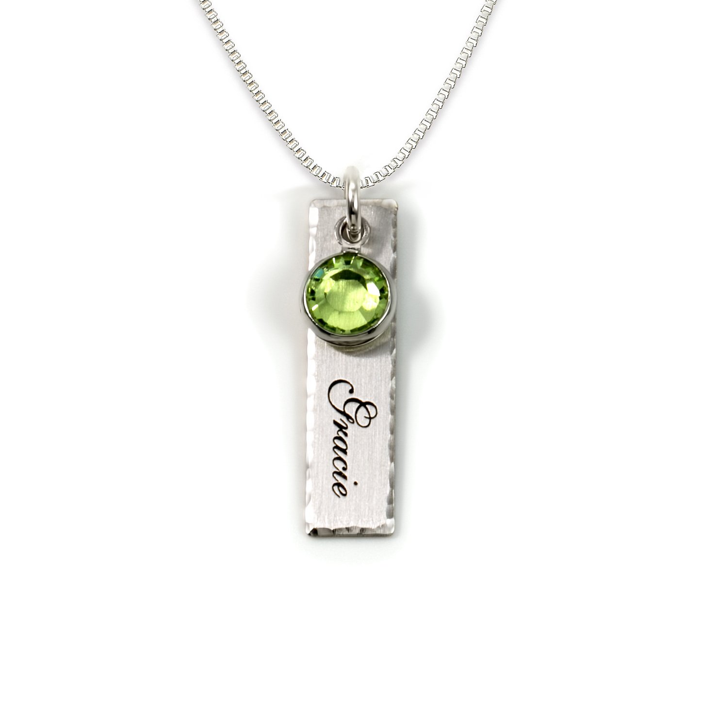 AJ's Collection Single Edge-Hammered Personalized Charm Necklace. Customize Sterling Silver Rectangular Pendant with Name and Birthstone. Includes a Sterling Silver Chain. Makes Gifts for Her