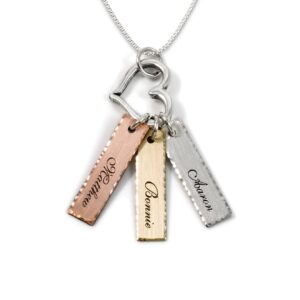 mixed tone triple bar sterling silver personalized necklace with heart charm. 14k gold plated, rose gold plated, and sterling silver charm. choice of sterling silver chain. gifts for her, mom, wife