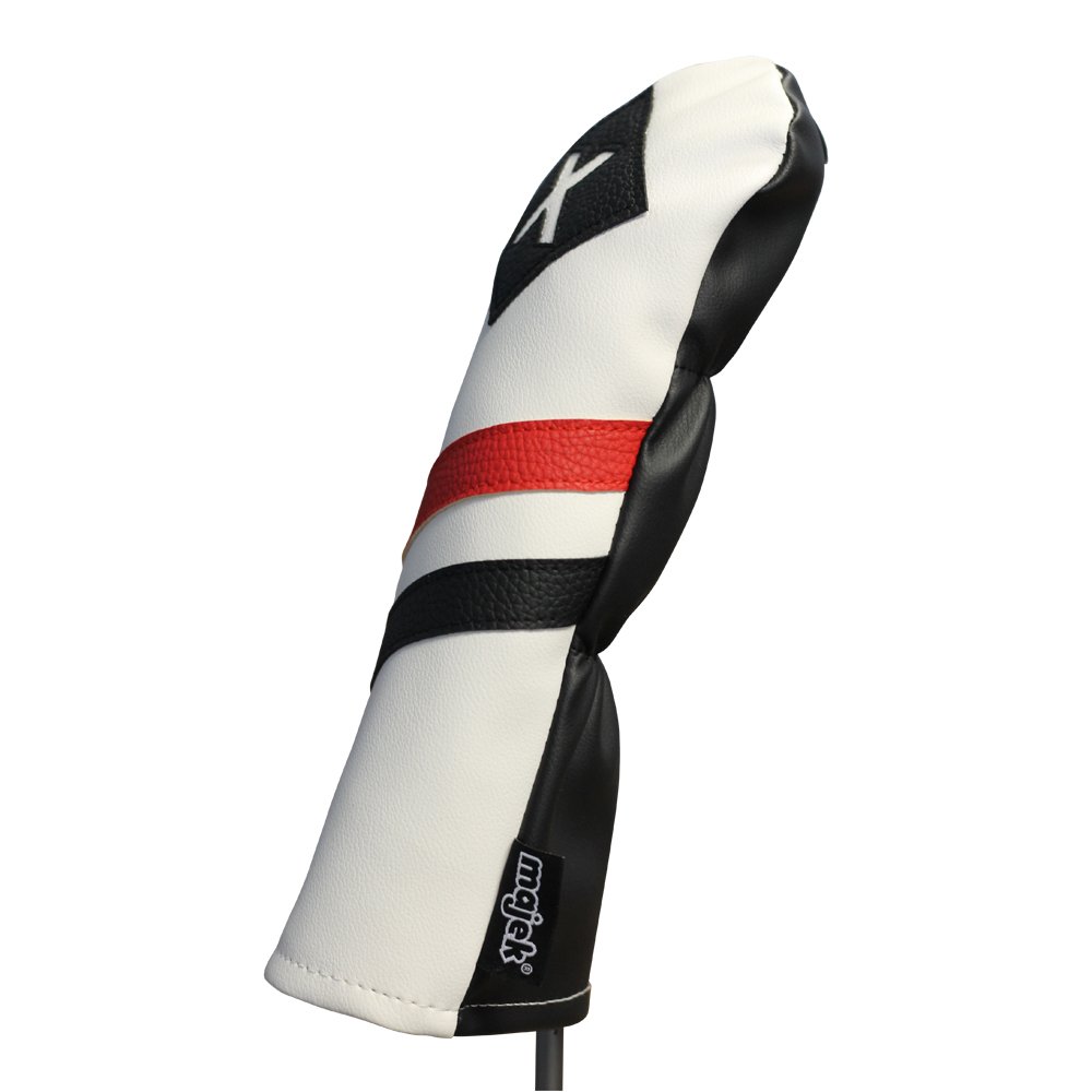 Majek Retro Golf Headcover White Red and Black Vintage Leather Style X Fairway Wood Head Cover Classic Look, Wheel Tag Includes Numbers 3 through 7 plus X