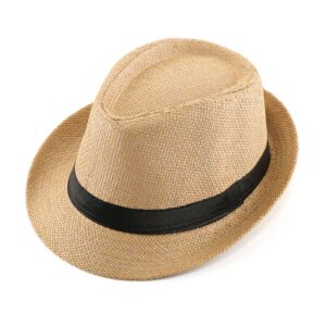 faleto unisex summer panama straw fedora hat short brim beach sun cap classic (#01 khaki)