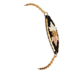 Rose and Leaf Black Bracelet, 10k Yellow Gold, 12k Green and Rose Gold Black Hills Gold Trim 7.25 Inches