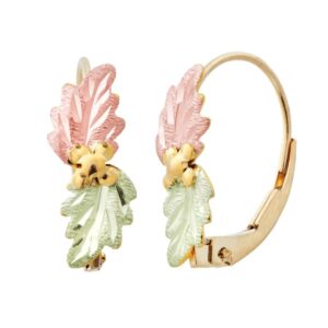 precious leaf leverback earrings, 10k yellow gold, 12k green and rose black hills gold