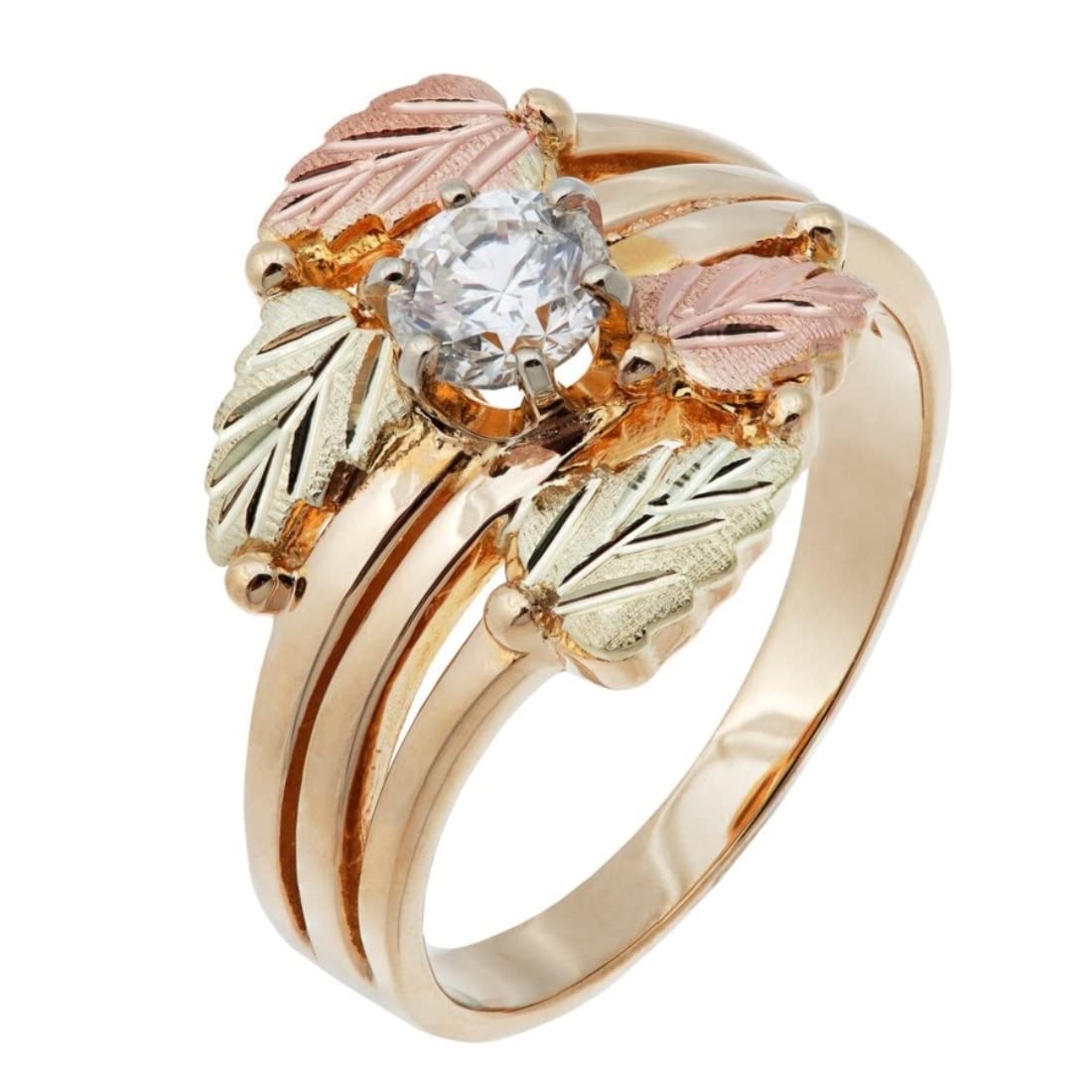 Bypass Leaves Ring with CZ, 10k Yellow Gold, 12k Green and Rose Black Hills Gold Size 7.25