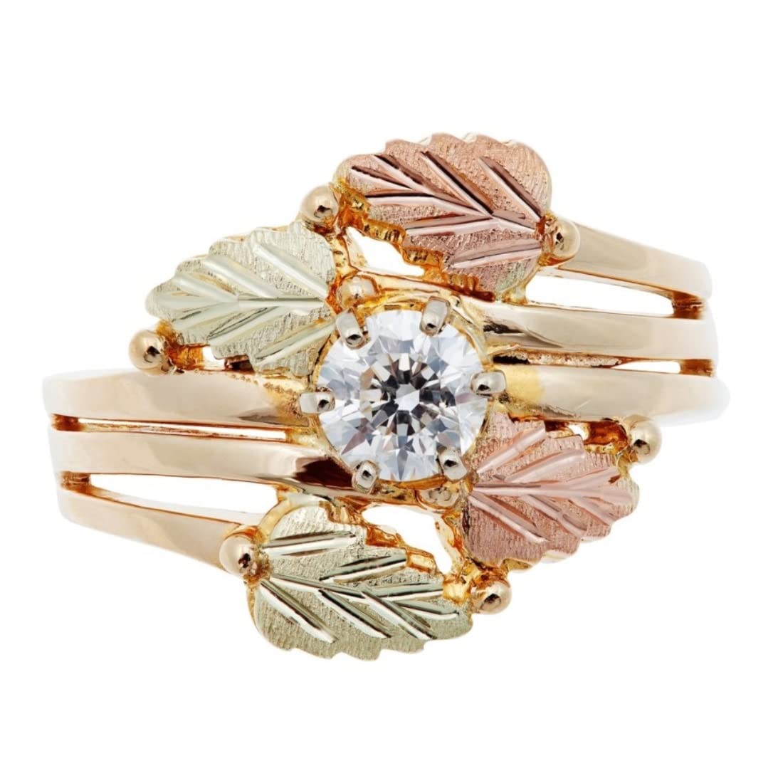 Bypass Leaves Ring with CZ, 10k Yellow Gold, 12k Green and Rose Black Hills Gold Size 7.25