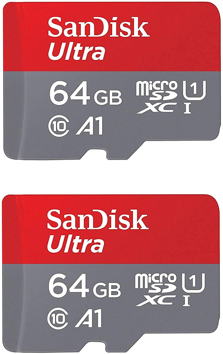 SanDisk Ultra Plus 64GB microSDXC UHS-I Card with SD Adapter, Grey/Red, Full HD up to 100 MB/S For Android Phone, Tables and Camera (2 Pack of 64 GB Micro SD- Card)