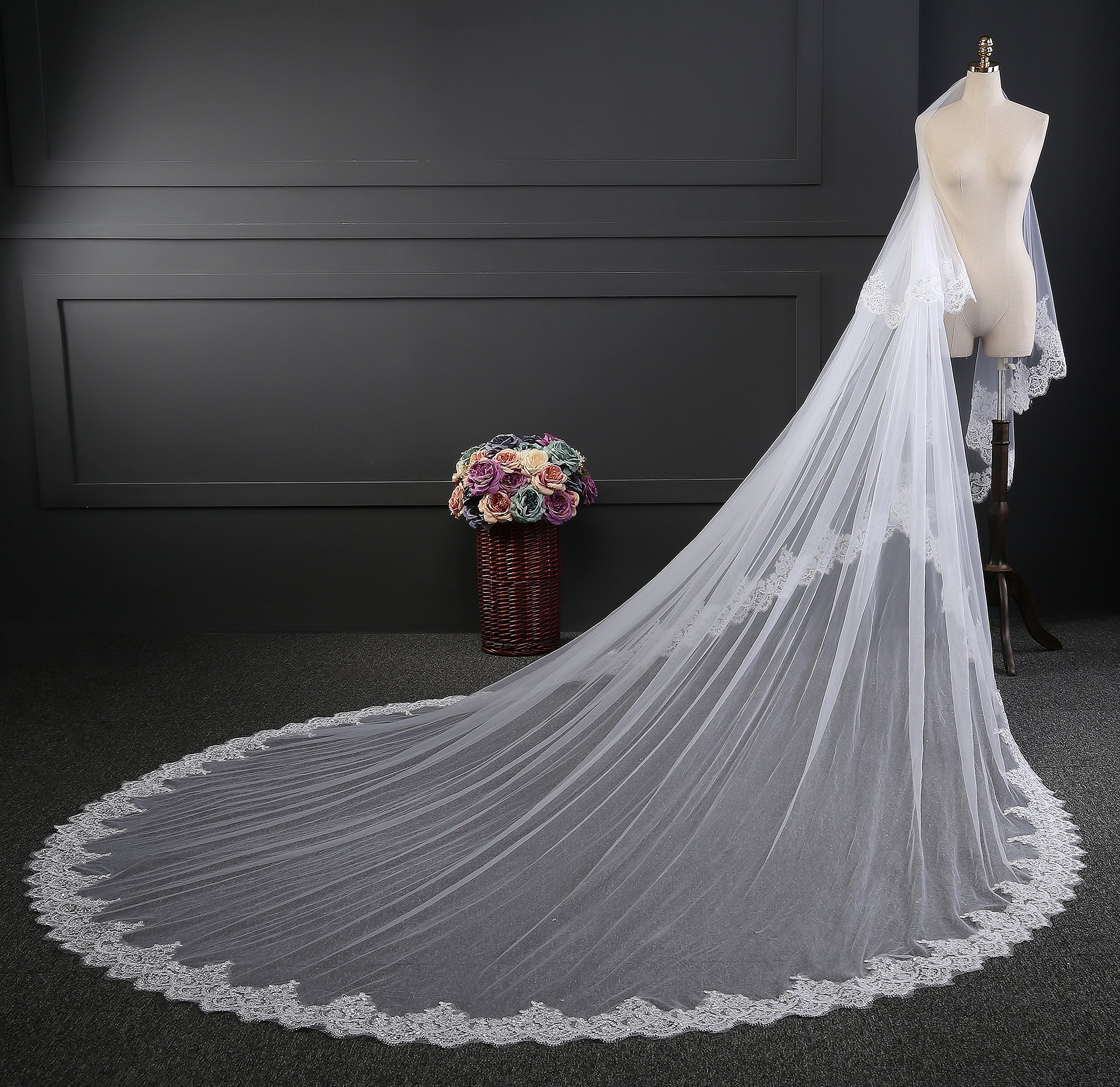 EllieHouse Women's 2 Tier Cathedral Lace Ivory Wedding Bridal Veil With Comb HL08IV