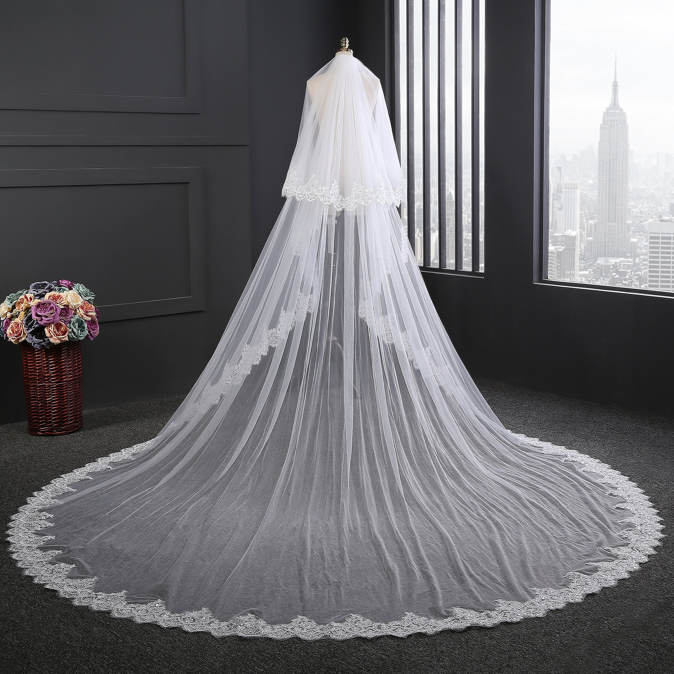 EllieHouse Women's 2 Tier Cathedral Lace Ivory Wedding Bridal Veil With Comb HL08IV