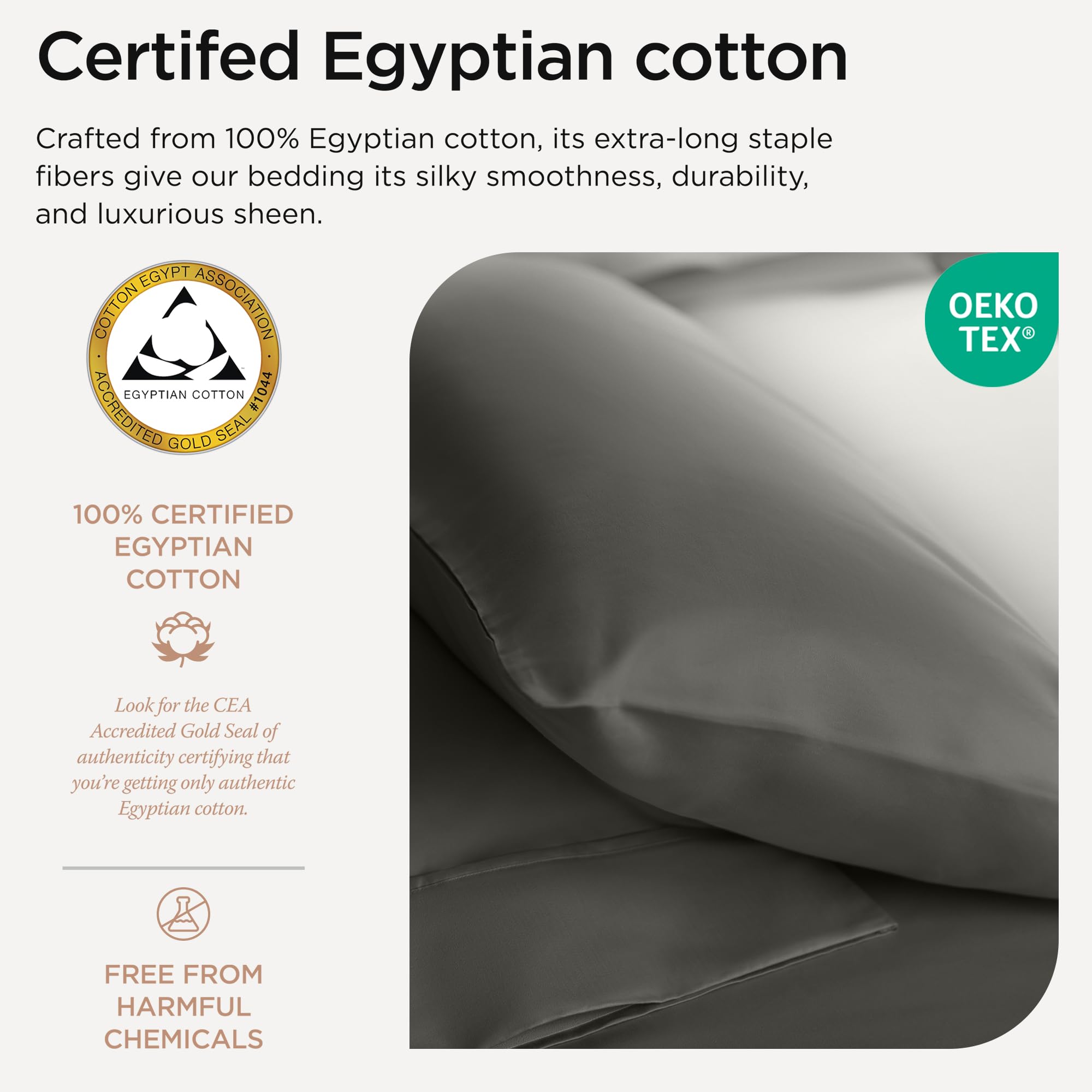 Threadmill Egyptian Cotton Sheets for King Size Bed | 100% Certified Egyptian Cotton King Bed Sheets Set | Snug Fit Elastic Deep Pocket King Sheets Soft, Breathable Solid Sateen | Dark Grey