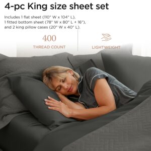 Threadmill Egyptian Cotton Sheets for King Size Bed | 100% Certified Egyptian Cotton King Bed Sheets Set | Snug Fit Elastic Deep Pocket King Sheets Soft, Breathable Solid Sateen | Dark Grey