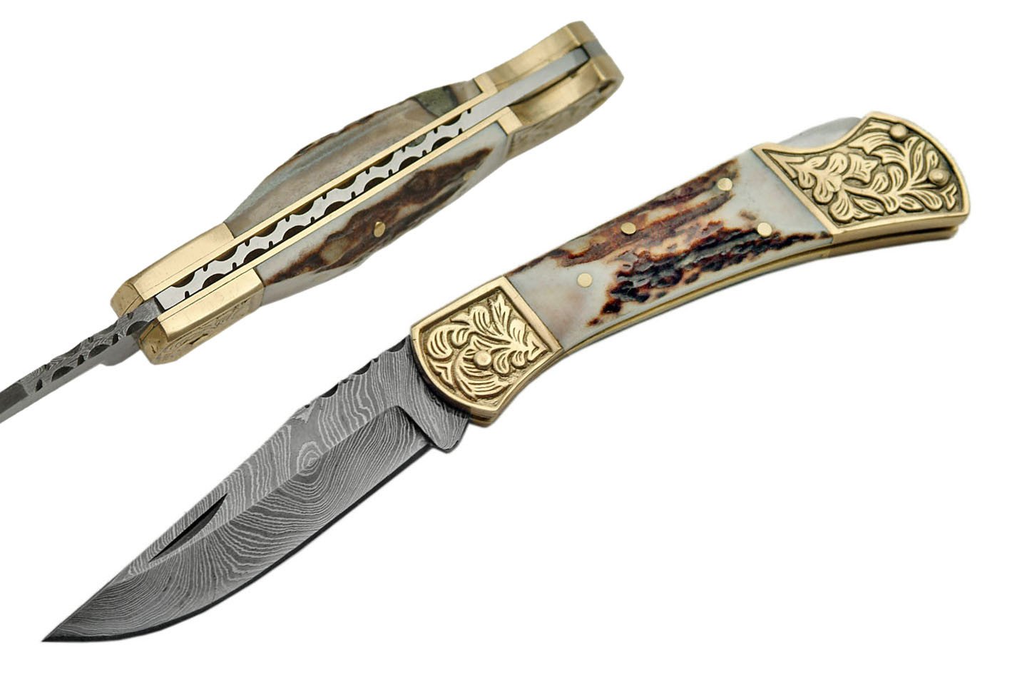 SZCO Supplies DM-1163 Damascus Steel Fancy Folding Knife with Stag Handle Damascus Steel Knife