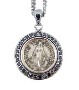 sterling silver round miraculous medal pendant with black gllass accent border, 3/4 inch