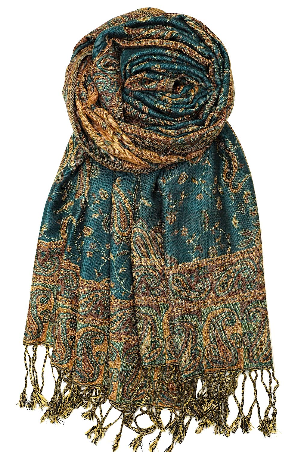 Achillea Soft Silky Reversible Paisley Pashmina Shawl Wrap Scarf w/Fringes (Dark Seagreen)